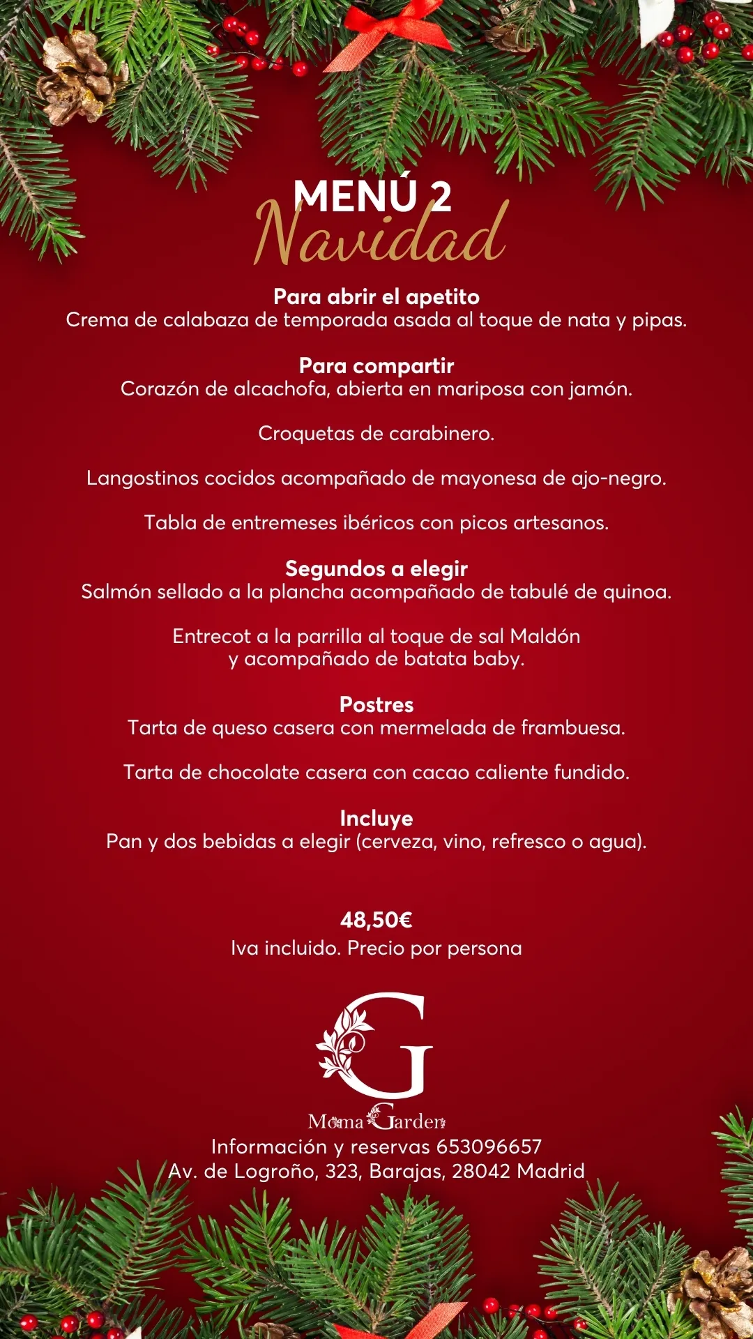 Menú de Navidad 2 del restaurante Moma Garden en Barajas, Madrid