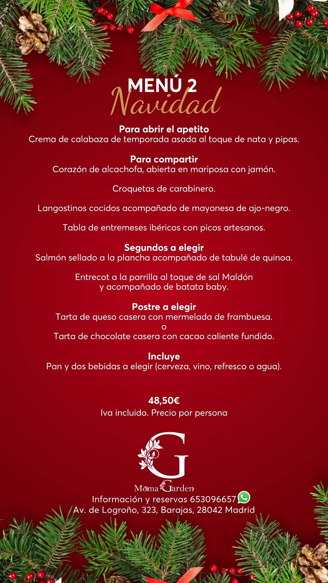 Menú de Navidad 2 del restaurante Moma Garden en Barajas, Madrid